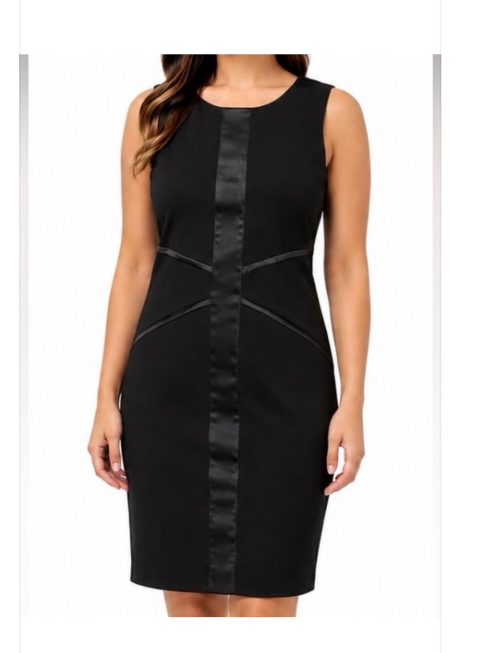 Sangria sz 8 Black Sleeveless Sheath Dress Satin Panel detail LBD classic